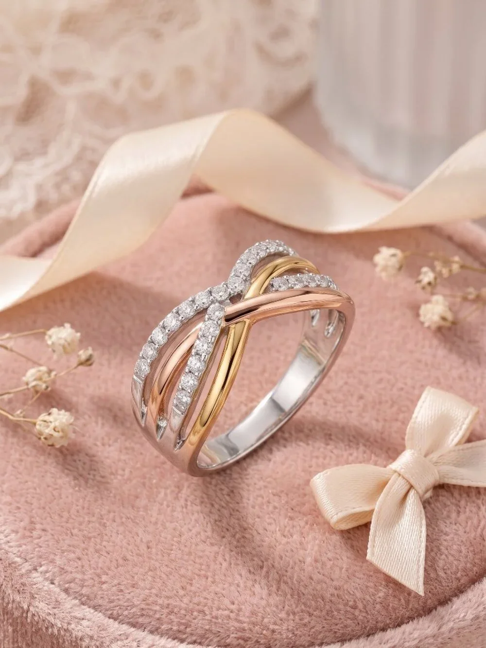 Sterling Silver 925 Tricolor Infinity Crossover CZ Ring Rose Gold Dainty Sz 7